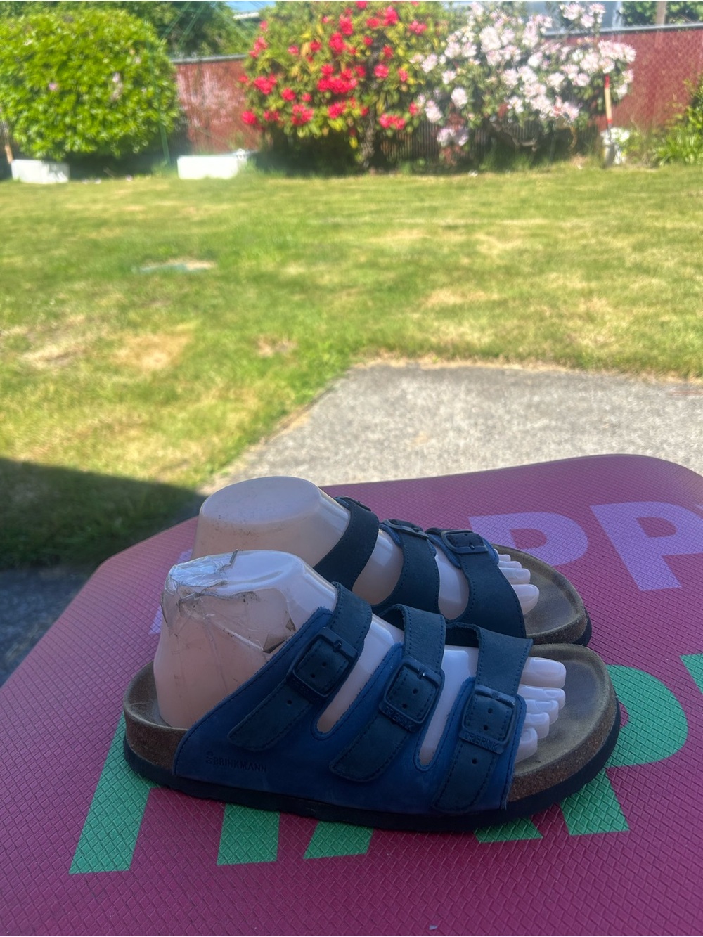 Brinkmann Blue and Black Triple-Strap Slide Sandals Size 41/10.5US